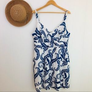 Boden Blue and White Floral Cotton High Waist Mini Dress Women’s Size 14R